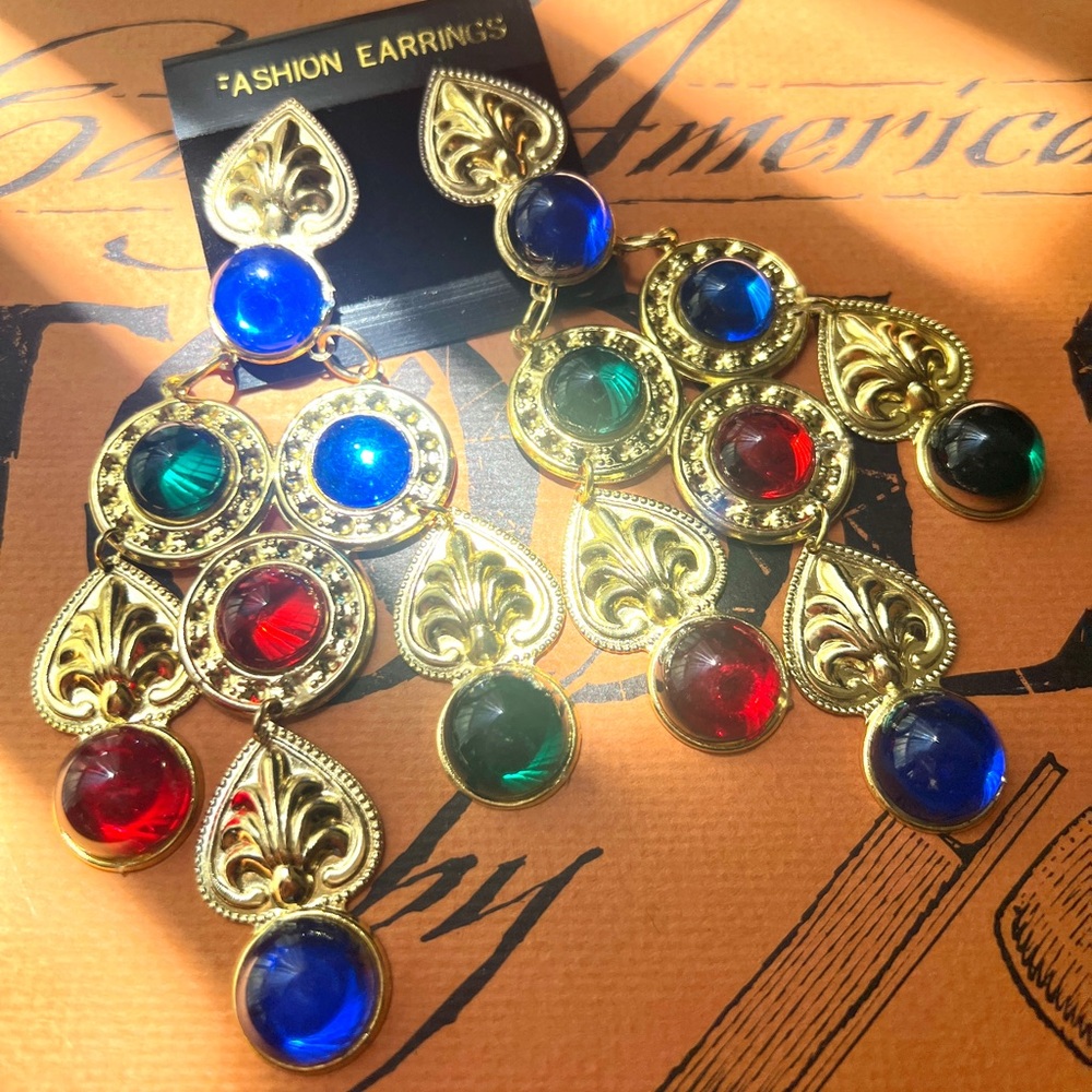 1980s Vintage Mid Century Style Chandelier Statement Earrings Made in Korea